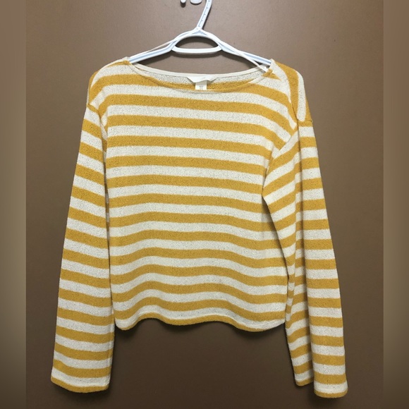 H&M Yellow / White Stripe Long Sleeve Wide Neck Lightweight Sweater - Picture 4 of 8